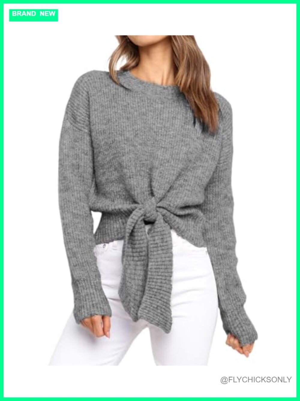 Womens Long Sleeve Crew Neck Tie Front Cable Knit Cropped Sweater